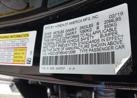 2019 Honda Accord Ex-L 2.0T from USA, damaged, VIN 1HGCV2F56KA012066